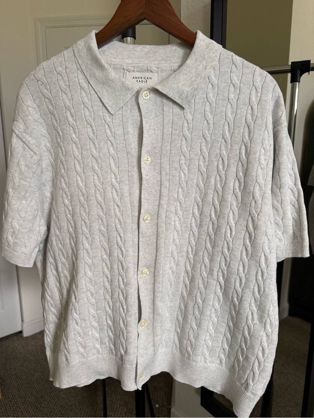American Eagle Outfitters Light Gray Cable Knit Short Sleeve Button-Down Shirt